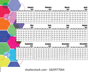 2021 calendar is white with hexagons of various sizes and colors on the left.