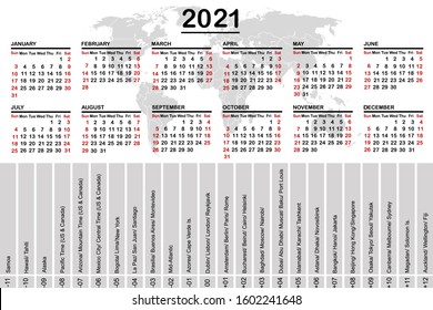 2021 calendar with world map and time zones