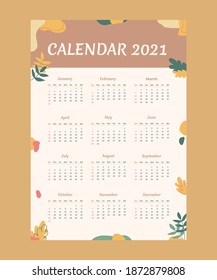 The 2021 calendar year theme abstract shape. Calendar template for 2021 with a theme of abstract natural shapes.