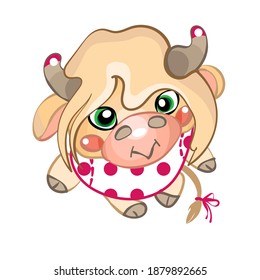 2021 Calf, little cute girl. A little girl with big eyes. Cute animal. A girl in a polka-dot dress. Funny cartoon vector children's picture. New Year Of The Bull. Symbol of the year. Cow, bull, Yak