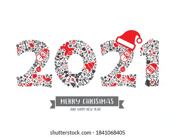 2021 Calligraphy with Christmas icon for celebration and decoration design element, flat style, vector illustration