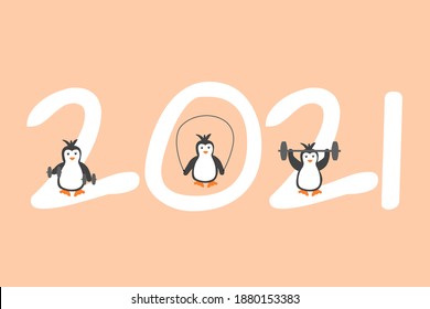 Tarjeta 2021. Pingüinos guapos trabajando, siendo saludables. Ejercicio con salto de tontería y de cuerda. Un concepto de año nuevo saludable. 