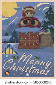 2021 Cartoon Childrens Gift Cards and Poster for Merry Christmas, Santa Claus in the chimney at night, cup of chocolate, Bull, Vector illustration and design