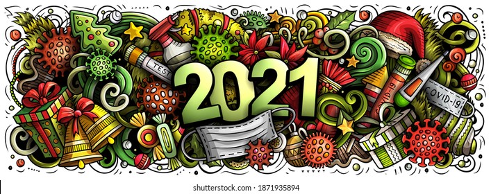 2021 Cartoon cute doodles New Year and Coronavirus illustration. Colorful detailed, with lots of objects background. All objects separate. Greeting card with Christmas and Covid symbols and items