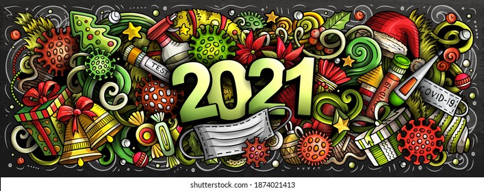 2021 Cartoon cute doodles New Year and Coronavirus illustration. Colorful detailed, with lots of objects background. All objects separate. Greeting card with Christmas and Covid symbols and items