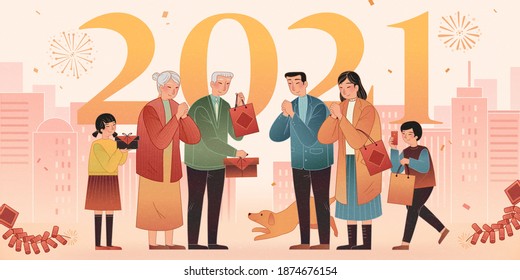 2021 Celebration banner. Asian family making greeting gestures on city silhouette background.