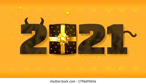 2021. Chinese Happy New Year. Black numbers on yellow background with gold elements and ornaments. Congratulatory banner or postcard.  Vector. Year of bull.