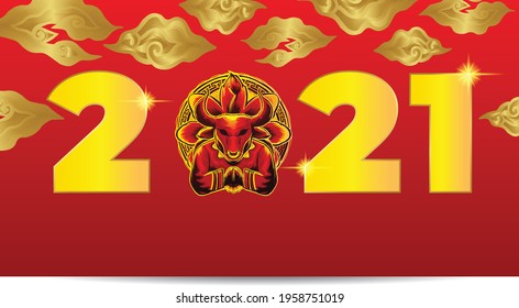 2021 Chinese New Year with buffalo illustration, golden red background