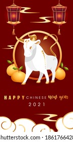 2021 Chinese New Year of bull. Eastern poster or calendar with lunar sign coming year. Oriental zodiac symbol ox with chinese lanterns and golden oranges in haze of clouds. Vector stock illustration.