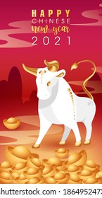 Año Nuevo Chino de Toro 2021. Buey de metal blanco con cuernos y pezuñas dorados. Signo zodiaco del calendario lunar oriental. Símbolo del Taurus del año que viene con lingotes o barras de oro. Ilustración de material vectorial.