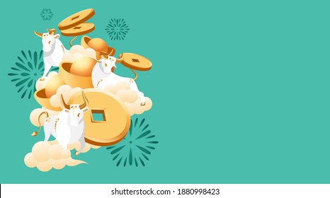 2021 Chinese New Year of Bull. White metal ox with golden horns and hooves. Zodiac symbol of oriental new year with copy space. Sign of coming year with ingots or gold bars. Vector stock illustration.