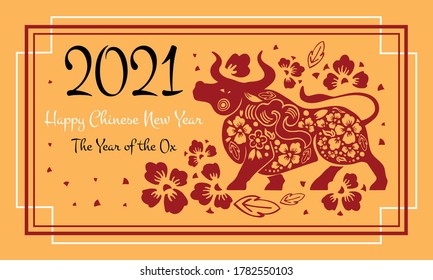 2021 Chinese New year card and poster template. Traditional papercut illustration. Hand drawn vector graphic. Standing ox and decorative flowers. Red on yellow background