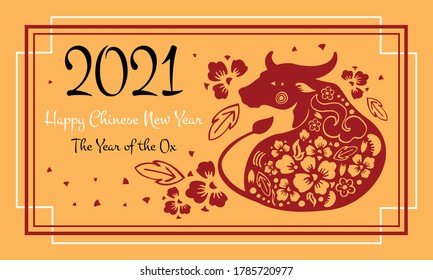 2021 Chinese New year card and poster template. Traditional papercut illustration. Hand drawn vector graphic. Ox and decorative flowers with wishing. Red on yellow background