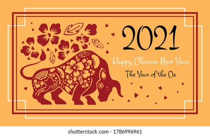 2021 Chinese New year card and poster template. Traditional papercut illustration. Hand drawn vector graphic. Buffalo and decorative flowers. Red on yellow background