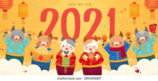 2021 Chinese new year celebration banner, concept of Chinese zodiac sign ox. Six cows with traditional costumes making greeting gestures.