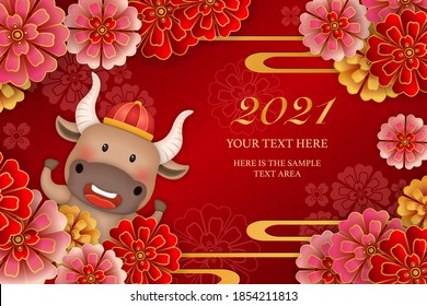 2021 Chinese new year of cute cartoon ox and round peony flower curve wave