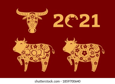 2021 Chinese New Year elements collection, ox silhouette, paper cut style, isolated gold on red. Hand drawn flat vector illustration. Design concept, clipart for CNY, Seollal, Tet card, banner, poster