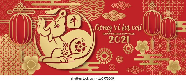 2021 Chinese New Year greeting card. Year of the ox. Golden and red ornament. Flat style design. Concept for holiday banner template, decor element, china word mean ox- Vector illustration. 