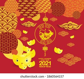 2021 Chinese New Year greeting card. year of the ox. Golden ingots and red ornament. Flat style design