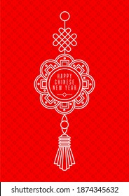 2021 Chinese New Year Greeting Card. White Outline Knot Of Happiness On Red Pattern Background. Traditional Chinese Decoration For The New Year. Couplets On The Door. Flat Vector Outlrine Icons.