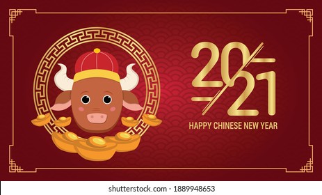2021 Chinese New Year greeting card Zodiac sign. Year of the OX. Golden and red ornament. Concept for holiday banner template.	