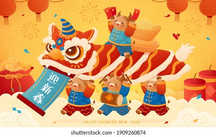 2021 Chinese new year greeting card with cute baby cows performing dragon and lion dance. Translation: Welcome the new year.