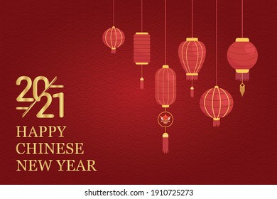 2021 Chinese New Year greeting card Zodiac sign. Year of the OX. Golden and red ornament. Concept for holiday banner template.Translate : Happy New Year