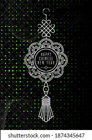 2021 Chinese new year grunge neon greeting card. White outline knot of happiness. Traditional Chinese decoration for the new year. Couplets on the door. Flat vector outlrine icons.