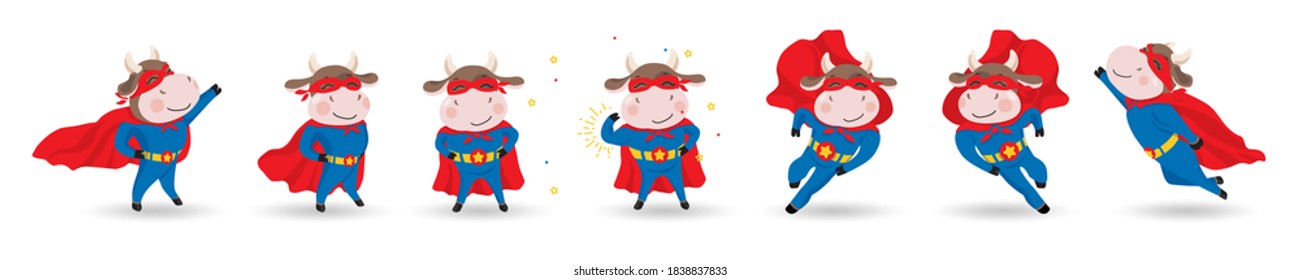 2021 Chinese New Year mascot - Ox, bull, cow, buffalo. Set of cute cool cartoon ox super hero characters in mask, cloak. Different motion poses, running, flying. Vector isolated on white background