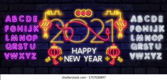 2021 Chinese New Year Neon Vector, greeting card with neon elements. Zodiac sign for flyer, invitation, posters, brochure, banners. Holidays Vector Illustration