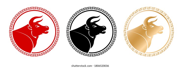 2021 Chinese new year of ox. Red, black and gold logo with traditional decorative ornament. Bull is a symbol of the new year 2021