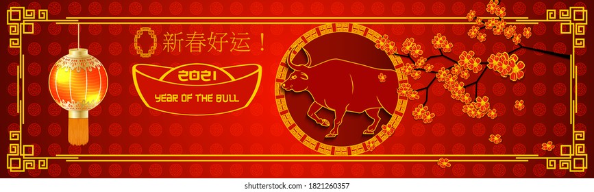 2021 Chinese New Year of ox horizontal banner. Sakura blossom tree and lantern on Gold and red. Hieroglyph translation Good luck in new year. Oriental style for envelope. Vector illustration.
