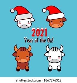 2021 Chinese New Year. Year of the Ox! Drawing Kawaii. Vector illustration for web design or print.