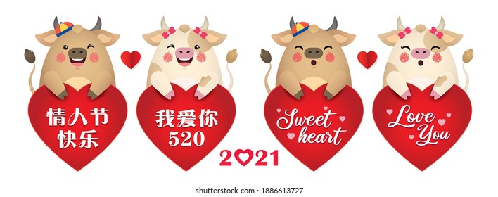 2021 Chinese new year : year of the Ox. Cute cartoon cow couple holding red heart with greeting text. 14 february vector illustration. (translation: Happy Valentine's Day ; I Love You)
