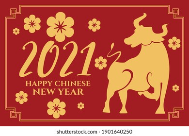 2021 Chinese new year of the ox on red background vector