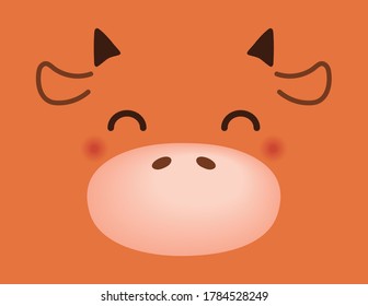 2021 Chinese New Year vector illustration with cute funny cartoon ox face. Flat style design. Concept for holiday card, banner, poster, decor element, print, zodiac sign.