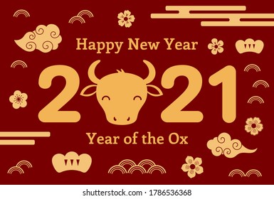 2021 Chinese New Year vector illustration with ox face silhouette, flowers, clouds, typography, gold on red background. Flat style design. Concept for holiday card, banner, poster, decor element.