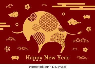 2021 Chinese New Year vector illustration with ox silhouette, flowers, abstract element, clouds, typography, gold on red background. Flat style design. Concept for holiday card, banner, poster, decor.