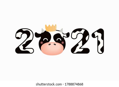 2021 Chinese New Year vector illustration with cute black and white ox face in a crown, typography. Flat style design. Concept for holiday card, banner, poster, decor element.