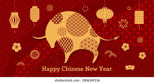 2021 Chinese New Year vector illustration with ox silhouette, lanterns, fireworks, flowers, typography, gold on red background. Flat style design. Concept holiday card, banner, poster, decor element.