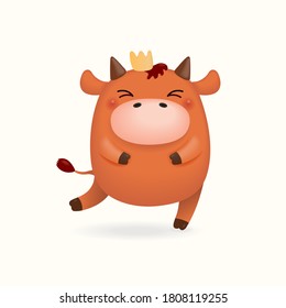 2021 Chinese New Year vector illustration of a cute little ox in a crown, isolated on white. Hand drawn cartoon clipart. Design concept for zodiac sign, holiday card, banner, poster, decor element.