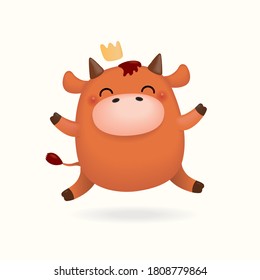 2021 Chinese New Year vector illustration of a cute happy little ox in a crown, isolated on white. Hand drawn cartoon clipart. Design concept zodiac sign, holiday card, banner, poster, decor element.