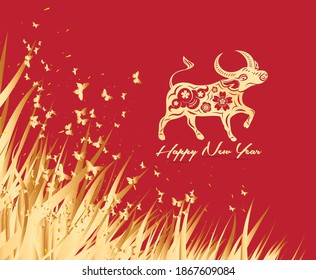 2021 Chinese New Year vector illustration with flowers and butterflies, Chinese typography Happy New Year, ox. Gold on red. Concept holiday card, banner, poster, decor element