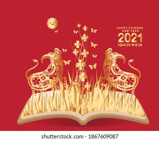 2021 Chinese New Year vector illustration with flowers, butterflies and book, Chinese typography Happy New Year, ox. Gold on red. Concept holiday card, banner, poster, decor element