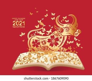 2021 Chinese New Year vector illustration with flowers and butterflies, Chinese typography Happy New Year, ox. Gold on red. Concept holiday card, banner, poster, decor element