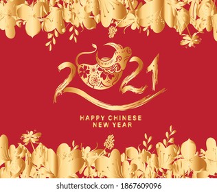 2021 Chinese New Year vector illustration with flowers, Chinese typography Happy New Year, ox. Gold on red. Concept holiday card, banner, poster, decor element