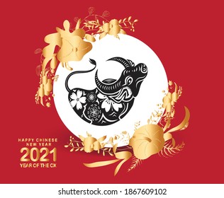 2021 Chinese New Year vector illustration with doodle ox silhouette, flowers, Chinese typography Happy New Year, ox. Gold on red. Concept holiday card, banner, poster, decor element