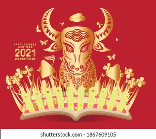 2021 Chinese New Year vector illustration with flowers, butterflies and book, Chinese typography Happy New Year, ox. Gold on red. Concept holiday card, banner, poster, decor element
