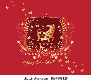 2021 Chinese New Year vector illustration with flowers, Chinese typography Happy New Year, ox. Gold on red. Concept holiday card, banner, poster, decor element