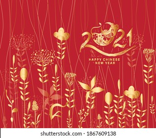 2021 Chinese New Year vector illustration with flowers, Chinese typography Happy New Year, ox. Gold on red. Concept holiday card, banner, poster, decor element